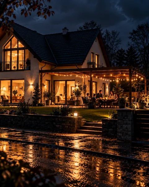 Familie beim Abendessen auf einer beleuchteten Terrasse